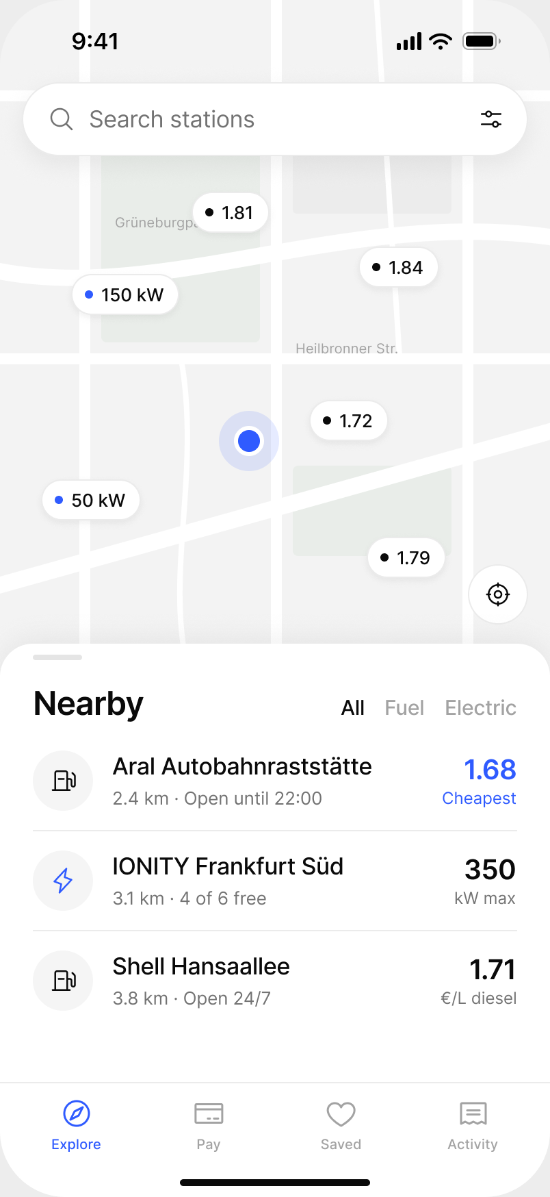 Map of nearby fuel and charging stations with prices and charging speeds
