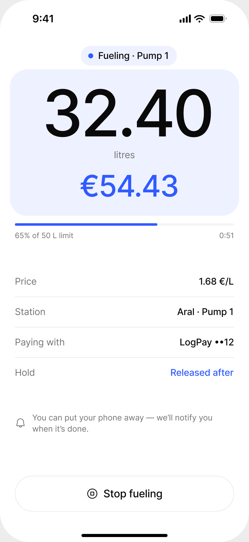 Live fueling screen showing 32.4 litres and €54.43