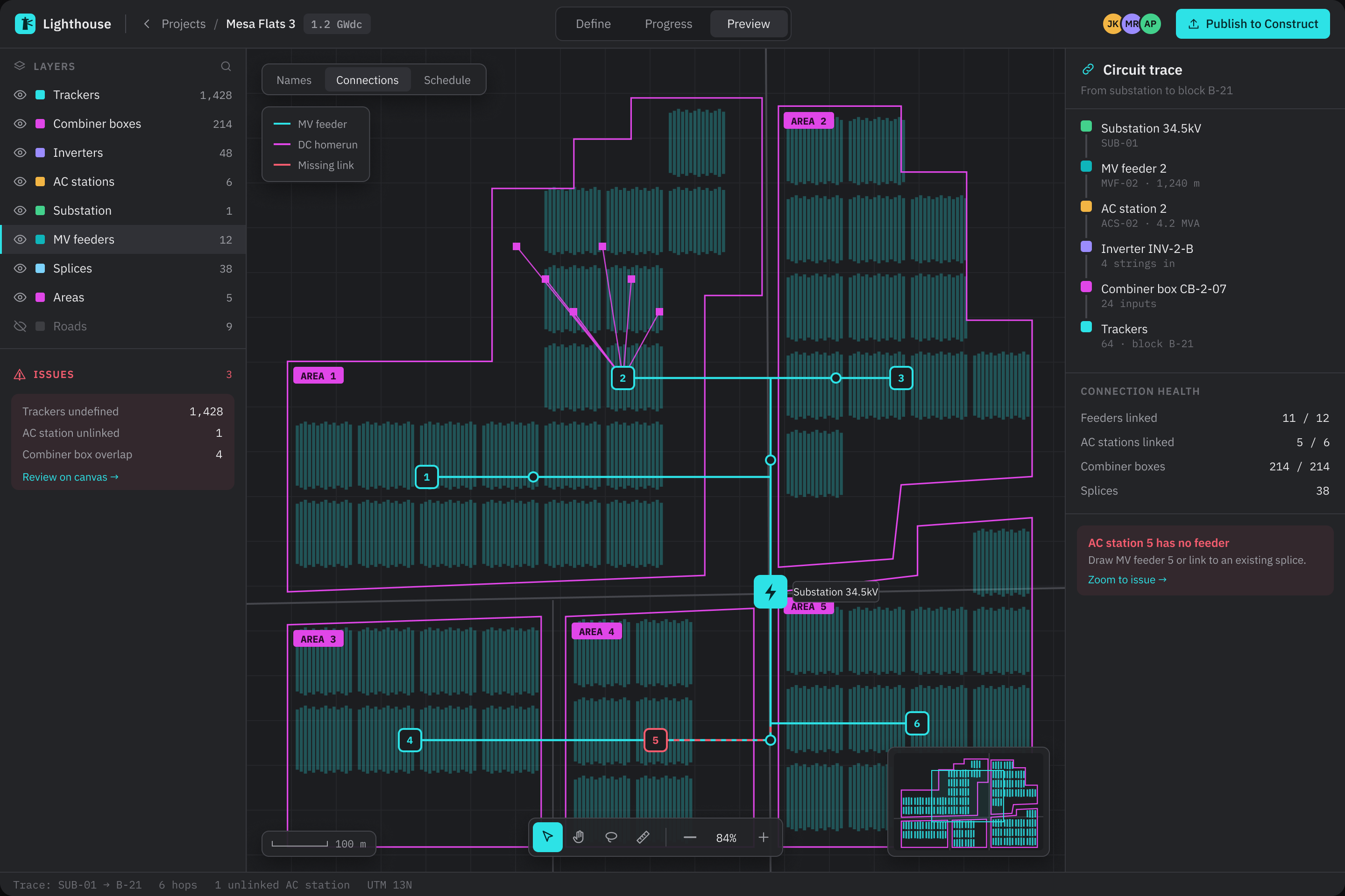 Circuit trace across the site canvas with the electrical hierarchy highlighted