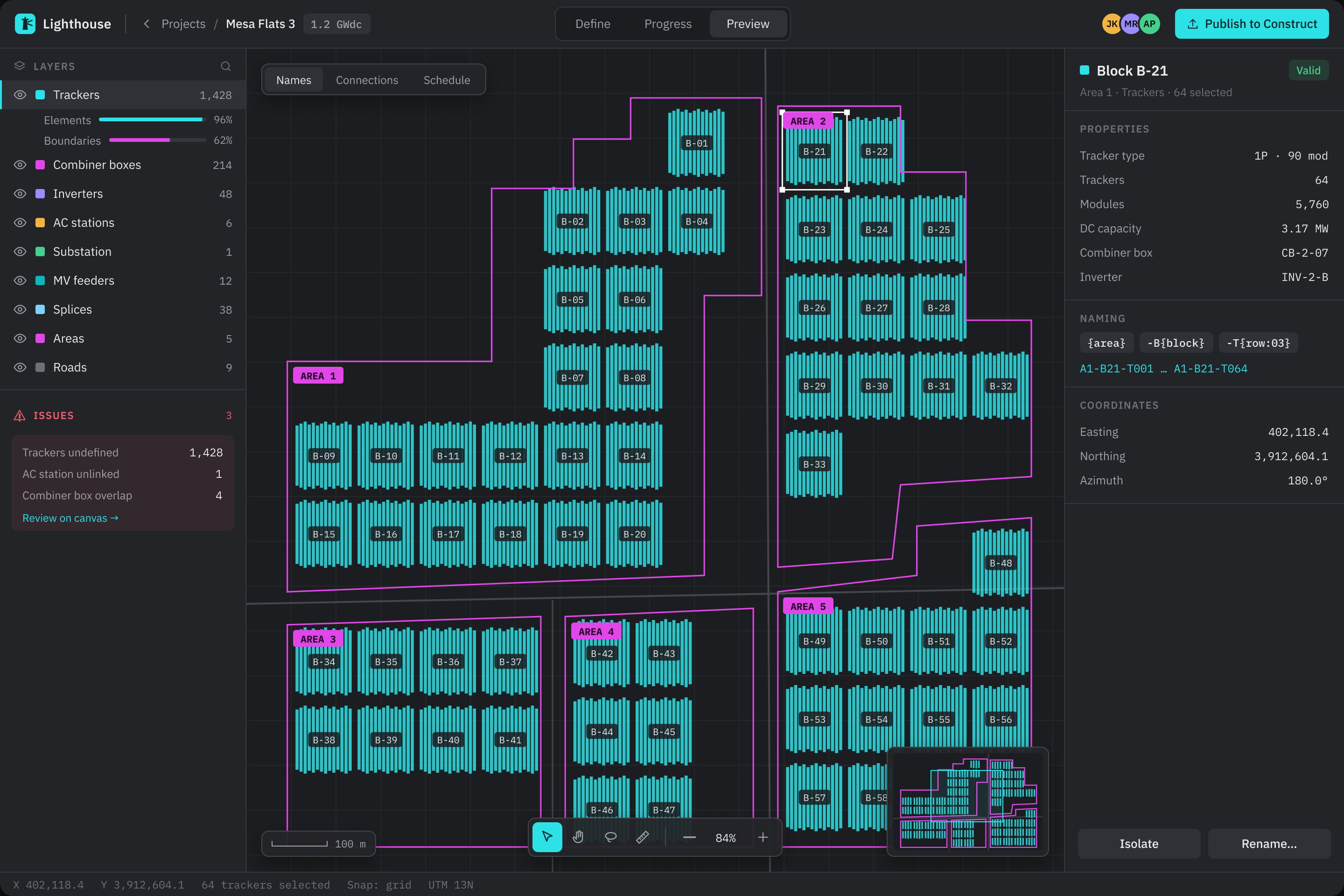 Lighthouse canvas with blocks of trackers, layers and an inspector panel
