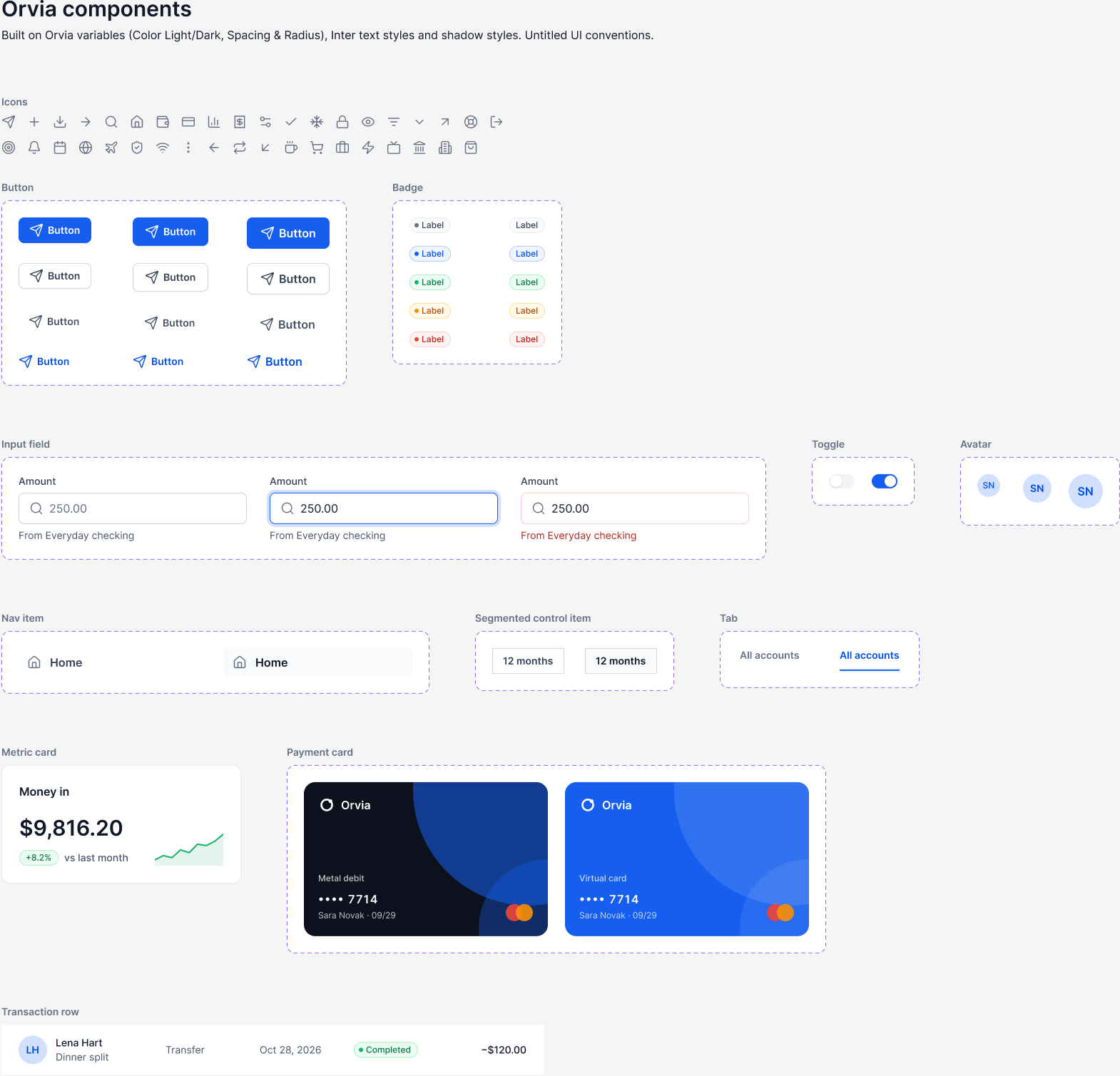 Component library: buttons, badges, inputs, toggle, avatars, navigation, segmented control, tabs, metric card, payment cards and transaction row