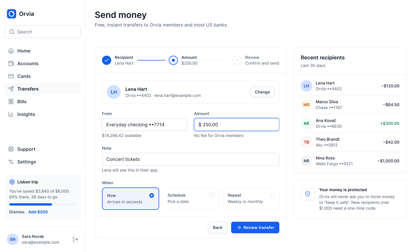 Send money: three-step flow with recipient, amount, note and timing, recent recipients and a protection note