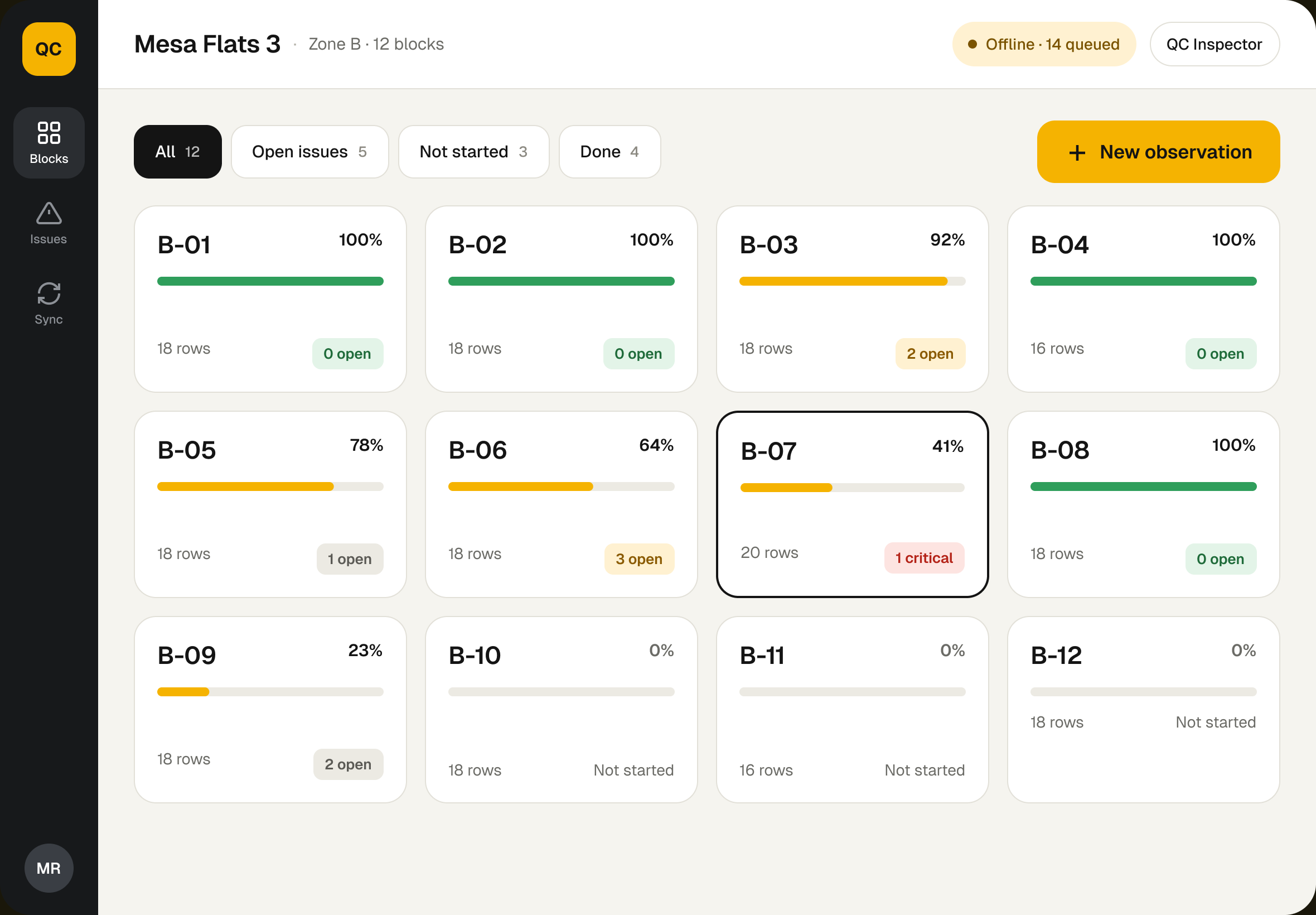 Blocks overview with completion and open issues per block